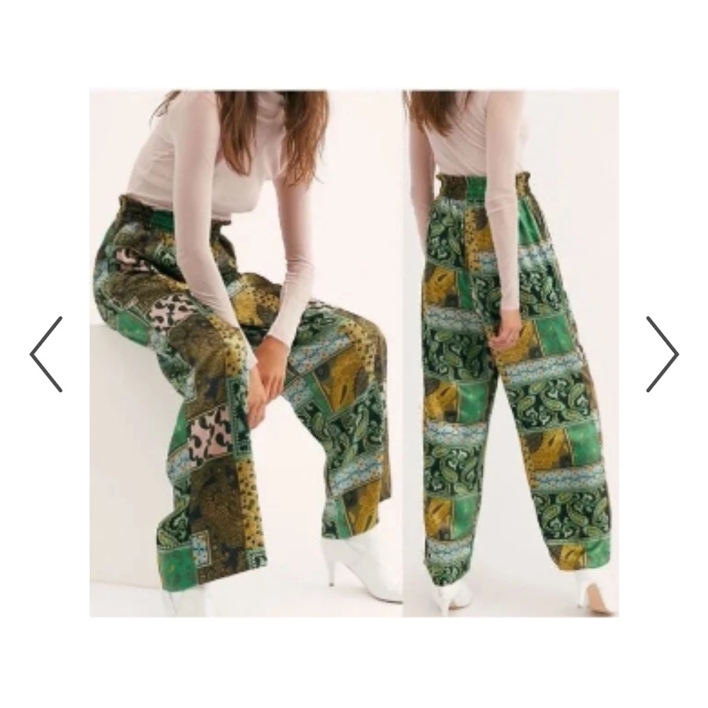 FREE PEOPLE Patch Things Up Green Print Satin Pull On Wide Leg Pants Size L